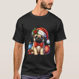 Cute Christmas Pug Dog in Santa Hat Funny Gift for T-Shirt