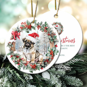Cute Christmas pug dog puppy Santa hat Ceramic Tree Decoration