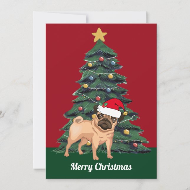 Cute Christmas Pug in Santa Hat Custom Red Card (Front)