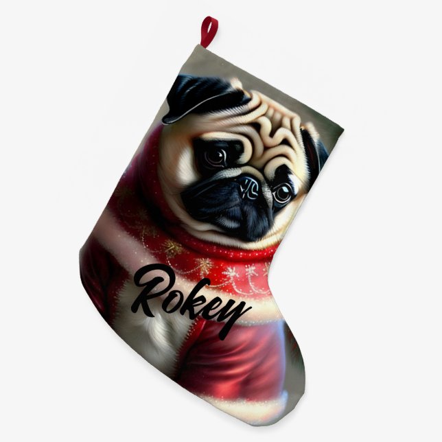 Cute Christmas Pug Large Christmas Stocking (Front (Hanging))