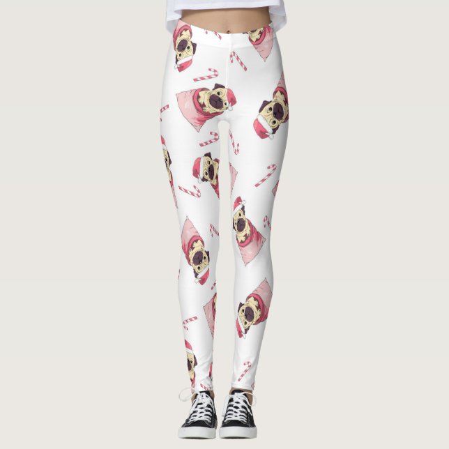 Cute Christmas Pug Pattern Leggings (Front)