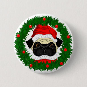 Cute Christmas Pug Santa in Wreath 6 Cm Round Badge