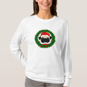 Cute Christmas Pug Santa in Wreath T-Shirt