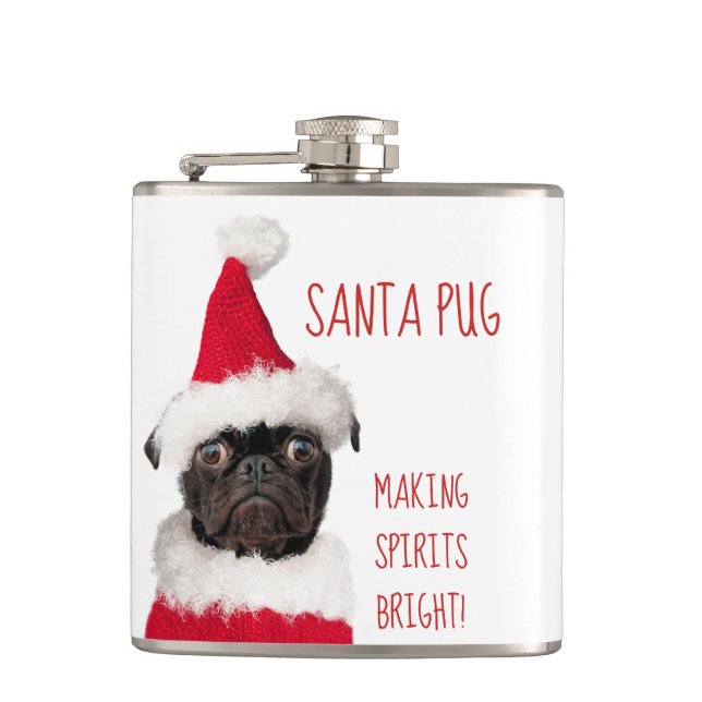 Cute Christmas Pug Santa Making Spirits Bright Hip Flask (Front)