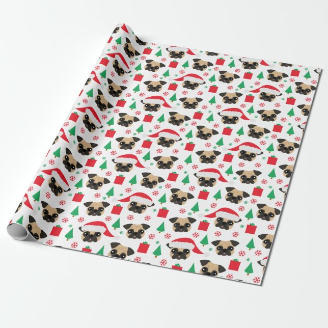 Cute Christmas Pug Wrapping Paper (Unrolled)