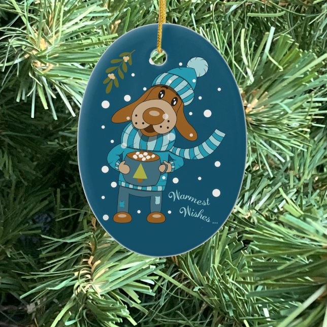 Cute Christmas Pup Blue Ceramic Ornament (Cute cartoon dog blue Christmas ornament .
)