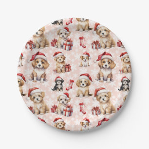 Cute Christmas Puppies and Stockings Paper Plate