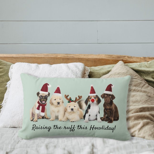 Cute Christmas Puppies Raising The Ruff Lumbar Cushion (Creator Uploaded)