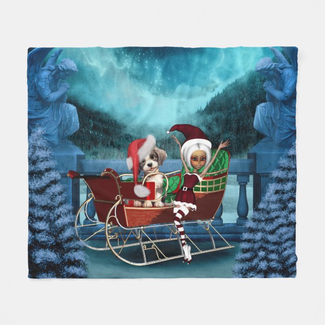 Cute christmas puppy and elf fleece blanket (Front (Horizontal))