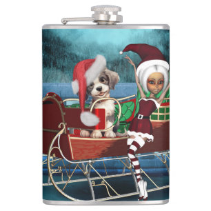 Cute christmas puppy and elf hip flask