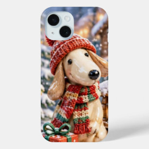 Cute Christmas Puppy Dog in Winter Knit Hat iPhone 15 Case