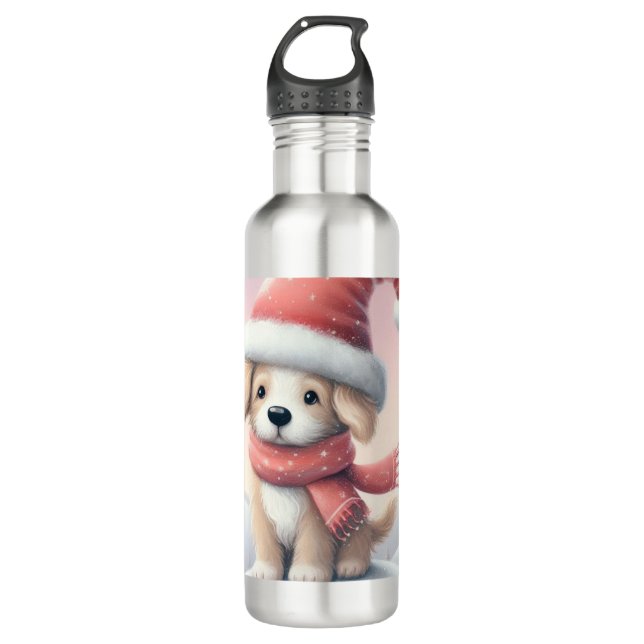 Cute Christmas puppy in santa hat 710 Ml Water Bottle (Front)