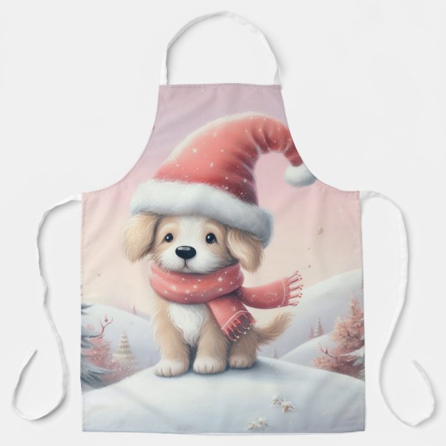 Cute Christmas puppy in santa hat Apron (Front)