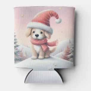 Cute Christmas puppy in santa hat Can Cooler