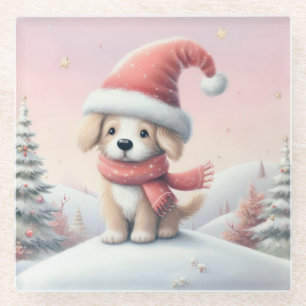 Cute Christmas puppy in santa hat Glass Coaster