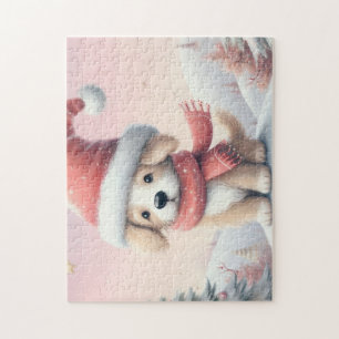 Cute Christmas puppy in santa hat Jigsaw Puzzle
