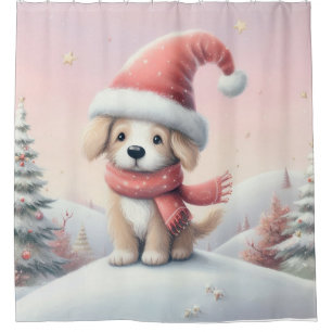 Cute Christmas puppy in santa hat Shower Curtain