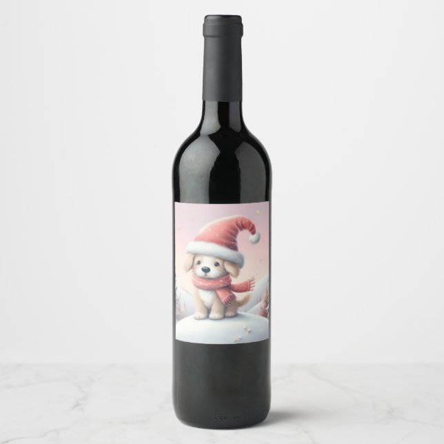 Cute Christmas puppy in santa hat Wine Label (Front)