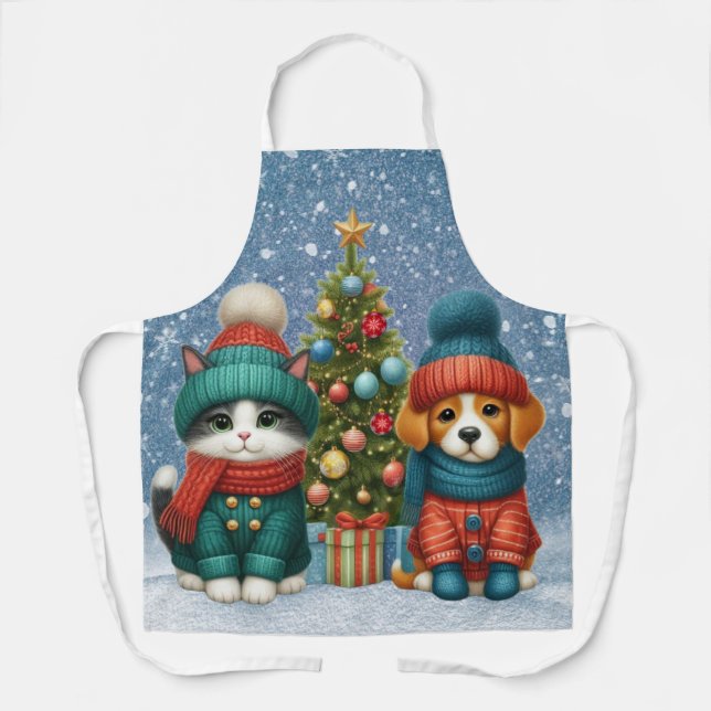 Cute Christmas puppy & kitten Apron (Front)