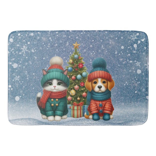 Cute Christmas puppy & kitten Bath Mat (Front)