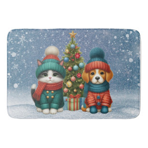 Cute Christmas puppy & kitten Bath Mat