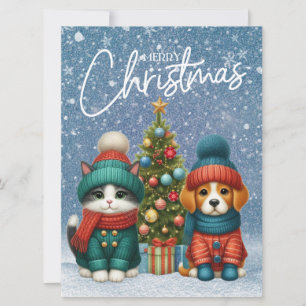 Cute Christmas puppy & kitten Holiday Card