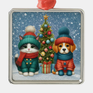 Cute Christmas puppy & kitten Metal Tree Decoration
