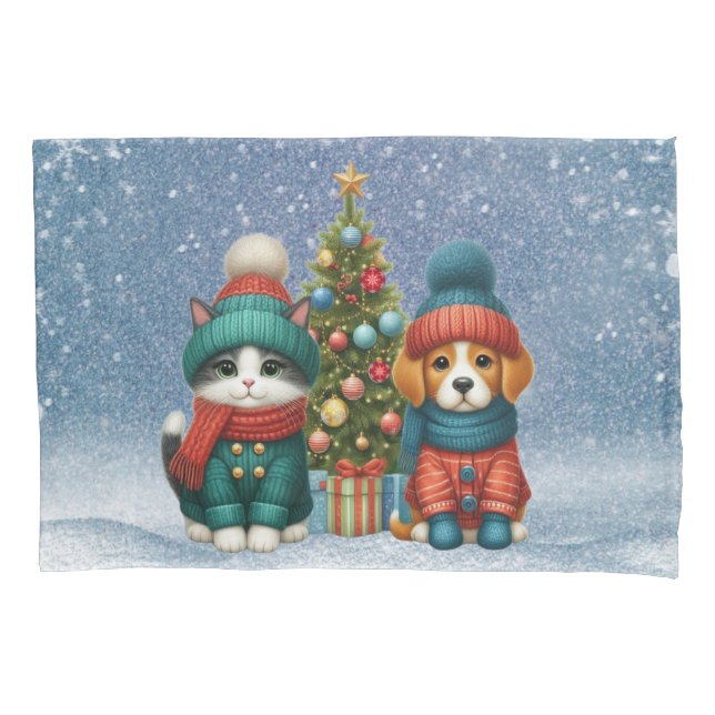 Cute Christmas puppy & kitten Pillowcase (Front)
