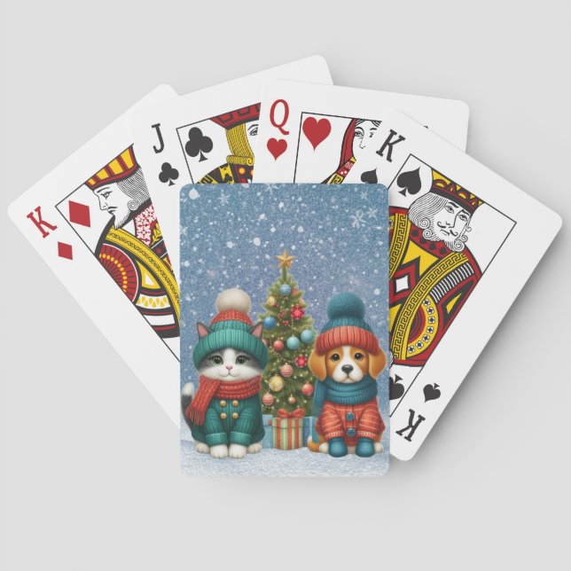 Cute Christmas puppy & kitten Playing Cards (Back)