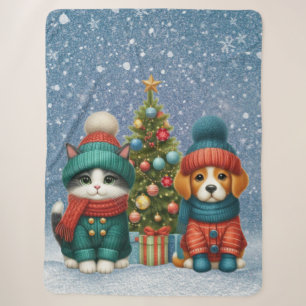 Cute Christmas puppy & kitten Sherpa Blanket