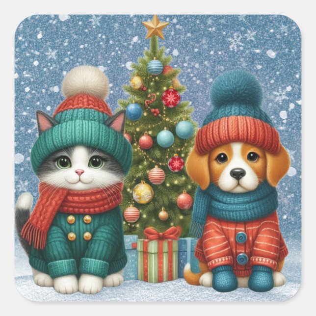 Cute Christmas puppy & kitten Square Sticker (Front)