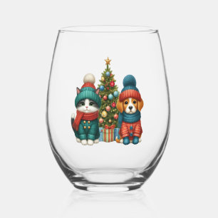 Cute Christmas puppy & kitten Stemless Wine Glass