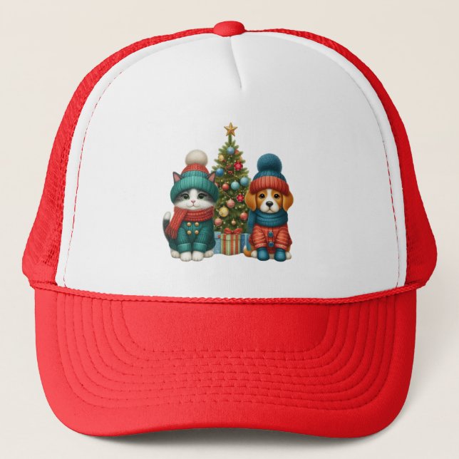 Cute Christmas puppy & kitten Trucker Hat (Front)