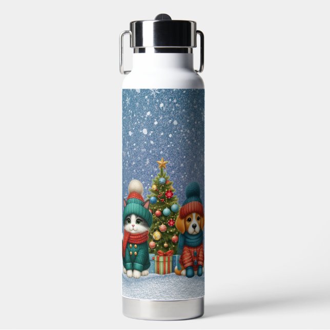 Cute Christmas puppy & kitten Water Bottle (Front)