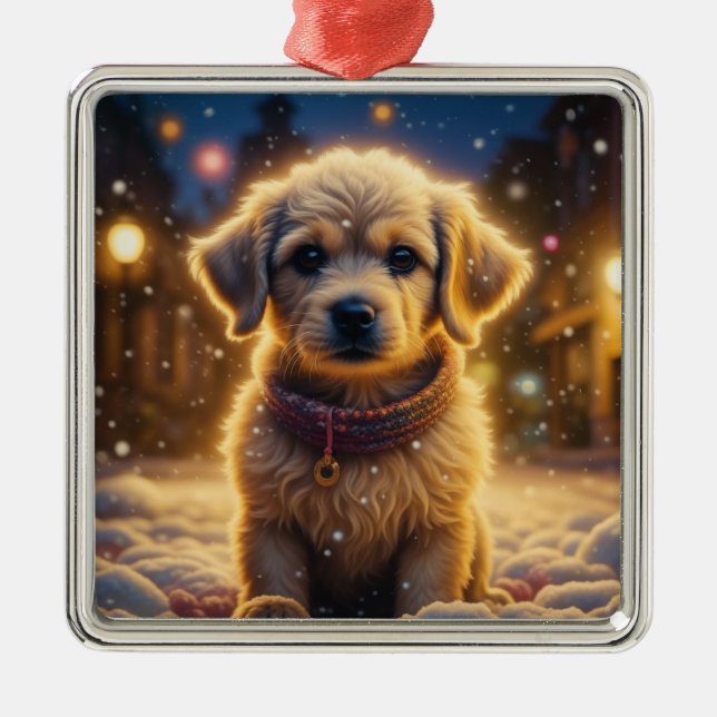 Cute Christmas Puppy on a Snowy Night Metal Tree Decoration (Front)