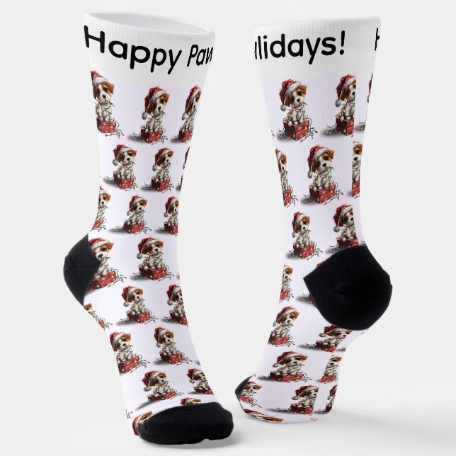 Cute Christmas Puppy on Gift Box Socks (Angled)