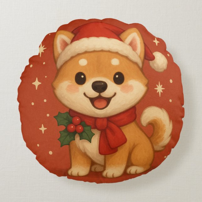 Cute Christmas Puppy Round Cushion (Front)