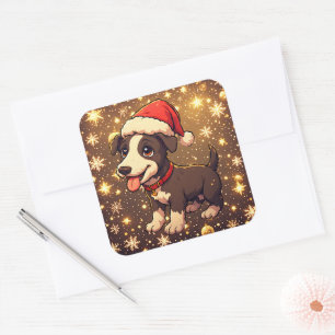 Cute Christmas Puppy w Santa Hat Cartoon Sparkles Square Sticker