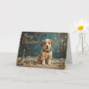 Cute Christmas Puppy with Lights Adorable Holiday Card