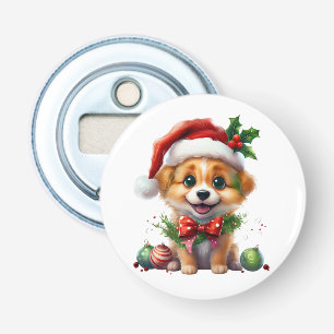 Cute Christmas Puppy with Santa Hat and Bow Bottle Opener