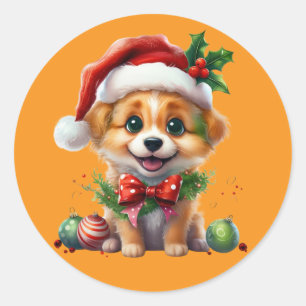 Cute Christmas Puppy with Santa Hat and Bow Classic Round Sticker