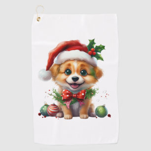 Cute Christmas Puppy with Santa Hat and Bow Golf Towel