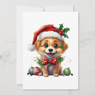 Cute Christmas Puppy with Santa Hat and Bow Holiday Card