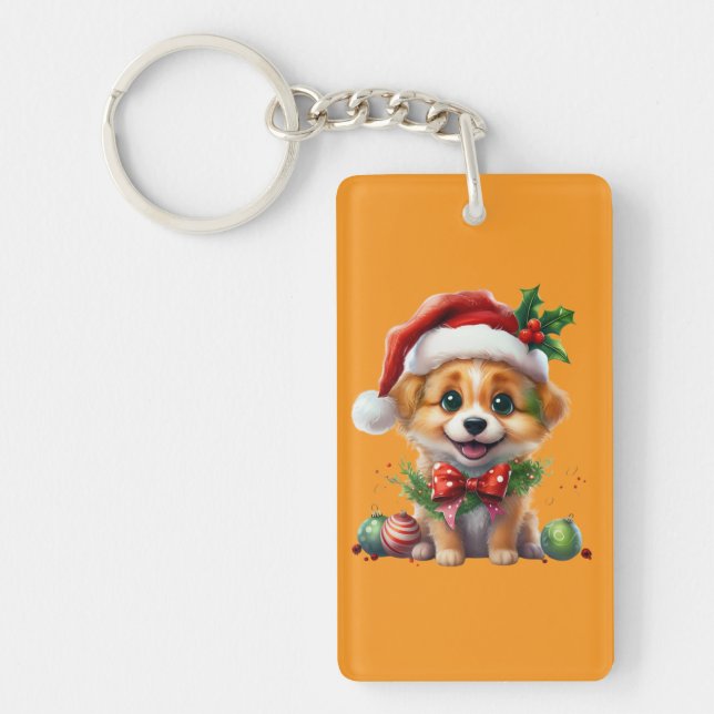 Cute Christmas Puppy with Santa Hat and Bow Key Ring (Front)