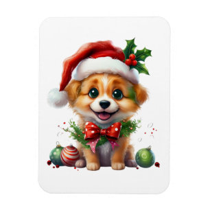Cute Christmas Puppy with Santa Hat and Bow Magnet