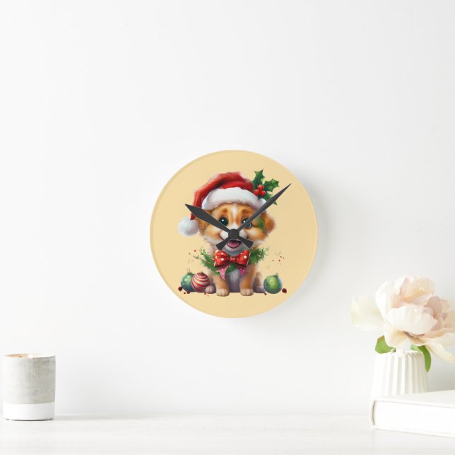 Cute Christmas Puppy with Santa Hat and Bow Round Clock (Home)