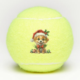 Cute Christmas Puppy with Santa Hat and Bow Tennis Balls