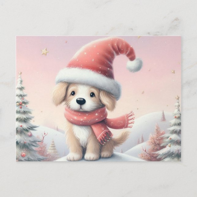 Cute Christmas puppy with Santa hat Postcard (Front)