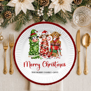 Cute Christmas quirky cow cartoon christmas paper Plate