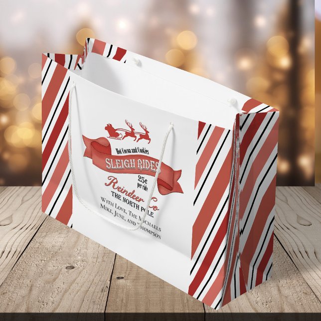 Cute Christmas Red and White Personalised Large Gift Bag (Christmas whimsical reindeer sleigh rides gift bag. )